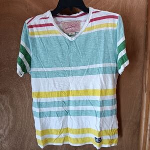 Brooklyn Striped V-Neck Casual Tee in Aqua, Yellow & Green